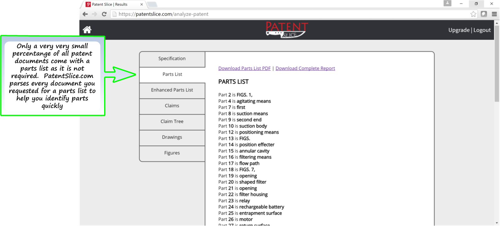 Parts List of Patent
